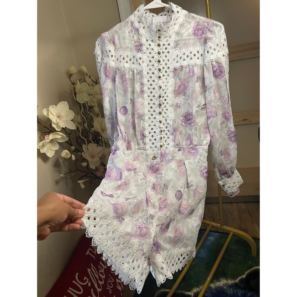 Muy Muy Lace Embroidered Romper Sheer White Purple High Neck Sz Small - Picture 8 of 9